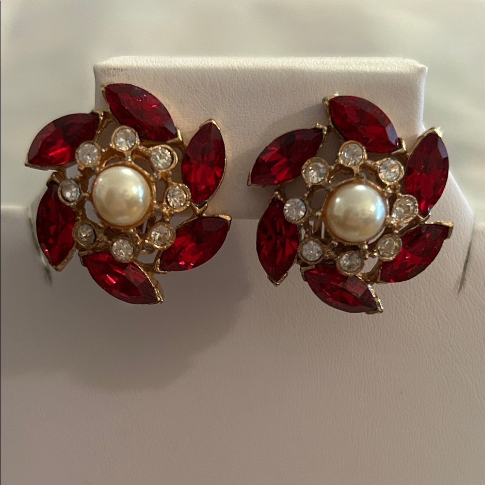 Red Rhinestone, Gold Pearl Earrings